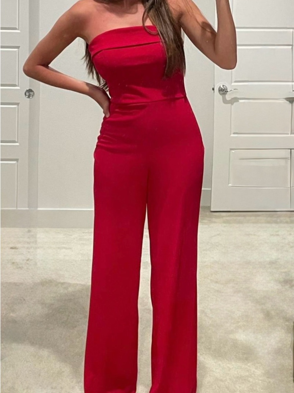 Crystal Sky Strapless Wide-Leg Jumpsuit — Bold Red SZ.M